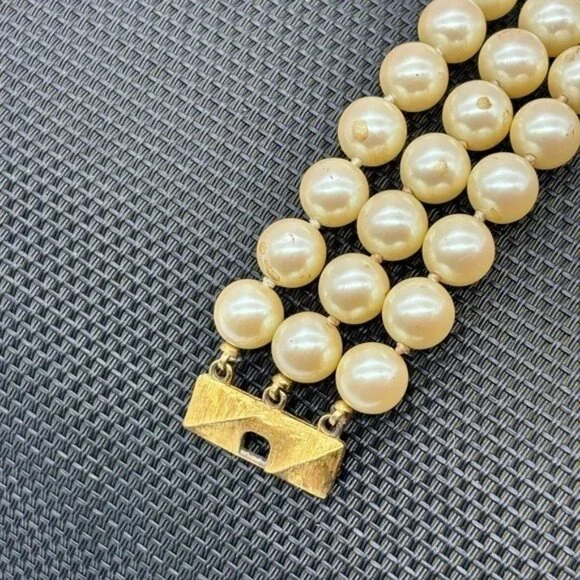 Vintage Monet Three Strand, Faux Pearl Bracelet, Gold Tone Clasp, Marked "Monet" - Picture 2 of 9